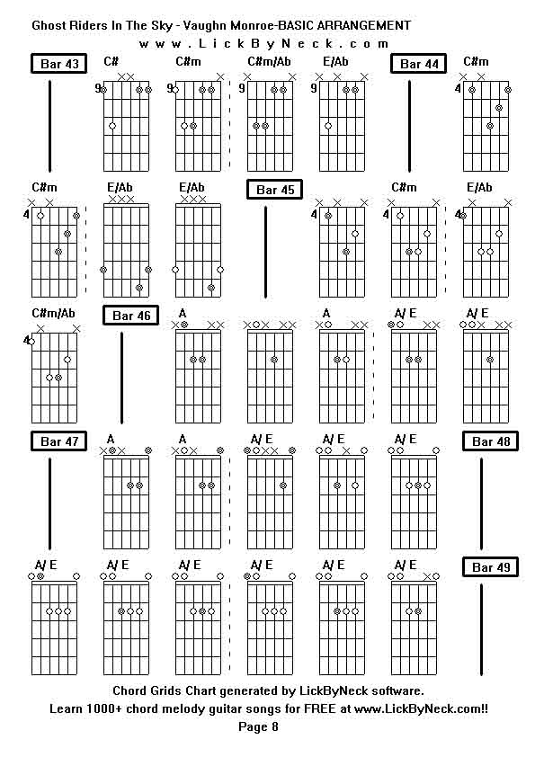 Chord Grids Chart of chord melody fingerstyle guitar song-Ghost Riders In The Sky - Vaughn Monroe-BASIC ARRANGEMENT,generated by LickByNeck software.